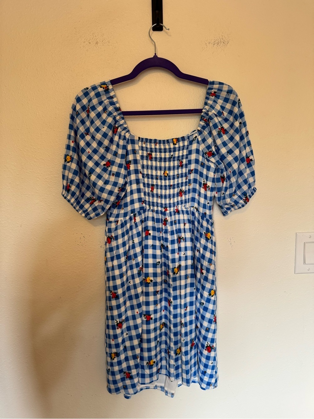 NEW SugarLips Dorothy Rose Gingham Puff Sleeve Mini Dress Blue Floral XS NWT - Picture 5 of 8